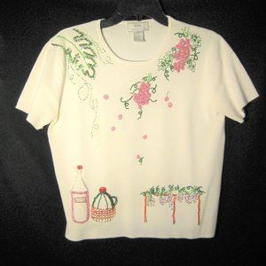 LISA INTERNATIONAL short sleeve beaded/sequined sweater white size Large - EUC